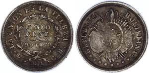 Bolivia 5 Centavos 1891 PTS CB KM# 157.2; ... 