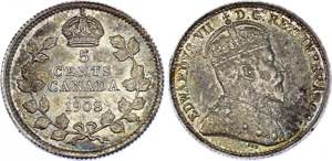 Canada 5 Cents 1908 KM# 13; Silver; XF+/aUNC
