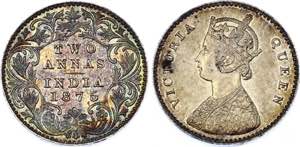 British India 2 Annas 1875 KM# 469; Silver; ... 
