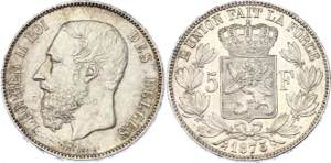 Belgium 5 Francs 1873 KM# 24; Silver; ... 