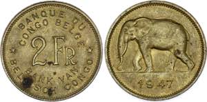 Congo 2 Francs 1947 KM# 28; Leopold III; UNC