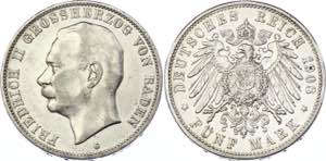 Germany - Empire Baden 5 Mark 1908 G KM# ... 