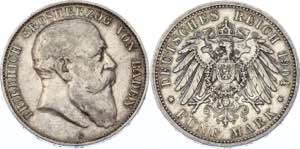 Germany - Empire Baden 5 Mark 1904 G KM# ... 