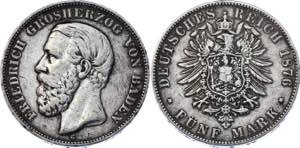 Germany - Empire Baden 5 Mark 1876 G KM# ... 