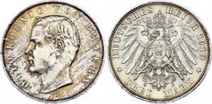Germany - Empire Bavaria 3 Mark 1910 D KM# ... 