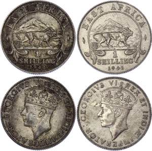 East Africa 2 x 1 Shilling 1941 Thin & Thick ... 