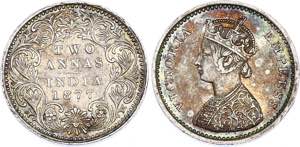 British India 2 Annas 1877 KM# 488; Silver; ... 