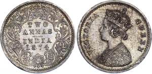 British India 2 Annas 1874 KM# 469; Silver; ... 