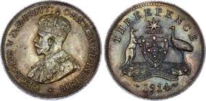 Australia 3 Pence 1914 KM# 24; Silver; ... 