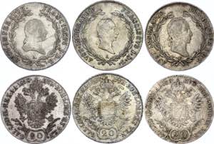 Austria 3 x 20 Kreuzer 1818 - 1830 Silver; ... 