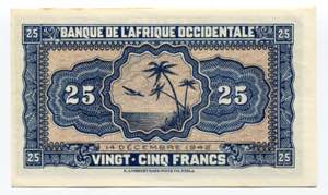 French West Africa 25 Francs 1942 P# 30a; # ... 