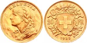 Switzerland 20 Francs 1935 LB KM# 35; Gold ... 