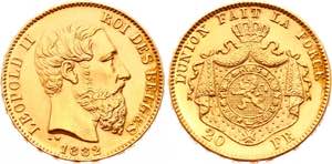 Belgium 20 Francs 1882 KM# 37; Finer Beard; ... 
