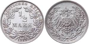 Germany - Empire 1/2 Mark 1917 E KM# 17; ... 