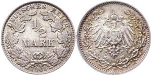Germany - Empire 1/2 Mark 1906 D KM# 17; ... 