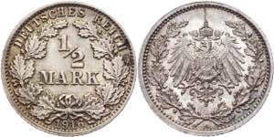 Germany - Empire 1/2 Mark 1916 A KM# 17; ... 
