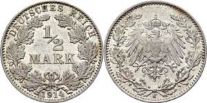 Germany - Empire 1/2 Mark 1914 J KM# 17; ... 