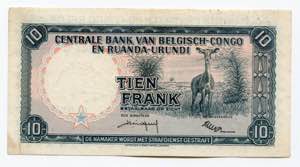 Belgian Congo 10 Francs 1958 - P# 30b; XF+
