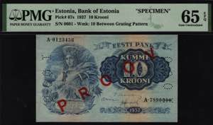 Estonia 10 Krooni 1937 Specimen PMG 65 EPQ - ... 