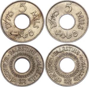 Palestine 2 x 5 Mils 1934 & 1939 - KM# 3; XF