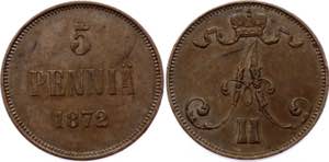 Russia - Finland 5 Pennia 1872  - Bit# 661; ... 