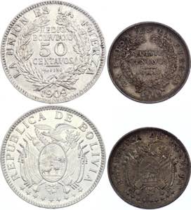 Bolivia 20 & 50 Centavos 1909 H - KM# 176, ... 