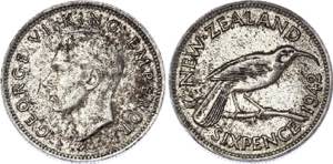 New Zealand 6 Pence 1942 KG - KM# 8; Silver; ... 