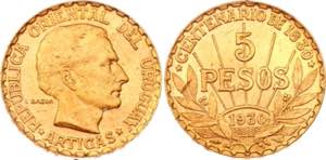 Uruguay 5 Pesos 1930 - KM# 27; Gold (.917) ... 