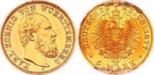 Germany - Empire Württemberg 5 Mark 1877 F ... 