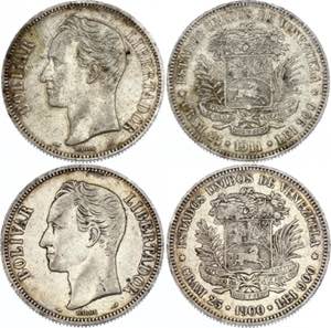 Venezuela 2 x 5 Bolivares 1900 & 1911 - Y# ... 