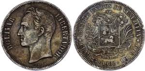 Venezuela 5 Bolivares 1902 - Y# 24.2; ... 