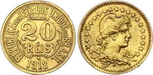 Brazil 20 Reis 1918 Pattern - Yellow Metal ... 