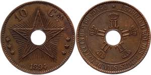 Congo 10 Centimes 1894 - KM# 4; Copper ... 