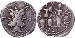 Roman Republic Denarius 120 BC, M. Furius L. ... 