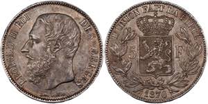 Belgium 5 Francs 1870 - KM# 24; Silver ... 