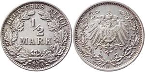 Germany - Empire 1/2 Mark 1916 A - KM# 17, ... 