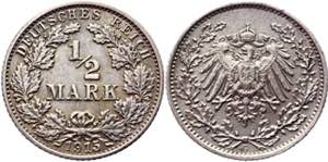 Germany - Empire 1/2 Mark 1915 G - KM# 17; ... 