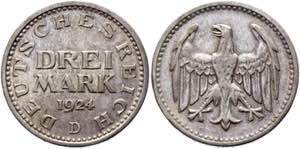 Germany - Weimar Republic 3 Mark 1924 D - ... 