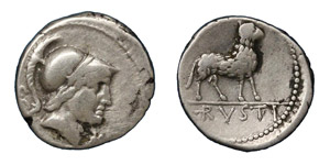 L.Rustius, 76 BC.Silver denarius, ... 