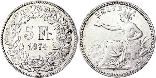 Switzerland 5 Francs 1874 Cleaned. ... 