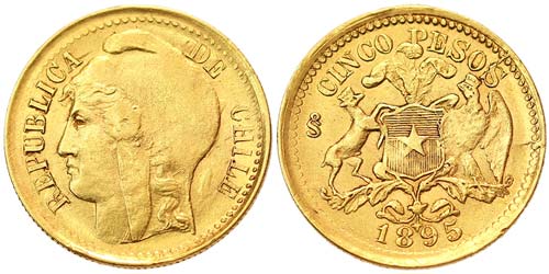 Chile Republic  5 Pesos 1895 ... 