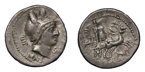 L. Axsius L.F. Naso, 71 BC.Silver denarius, ... 