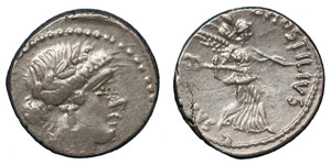 L. Hostilius Saserna, 48 BC.Silver denarius, ... 