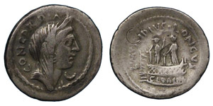 L. Mussidius Longus, 42 BC.Silver denarius, ... 