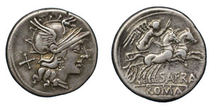  Safra, 150 BC.Silver denarius Rome ... 