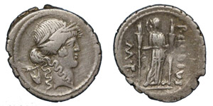 Claudia, 42 BC.Silver denarius,Rome.Head of ... 