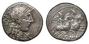 Minucius Rufus, 122 BC.Silver denarius, ... 