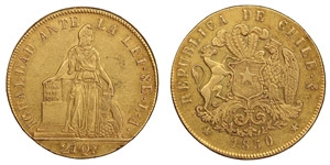 Chile - 8 Escudos, (B)1850-LA.Plumed and ... 