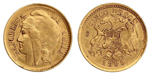 Chile - Republic, (B)5 Pesos 1895, ... 