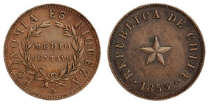 Chile - 1/2 Centavo 1853 (KM 126) Copper gr. ... 